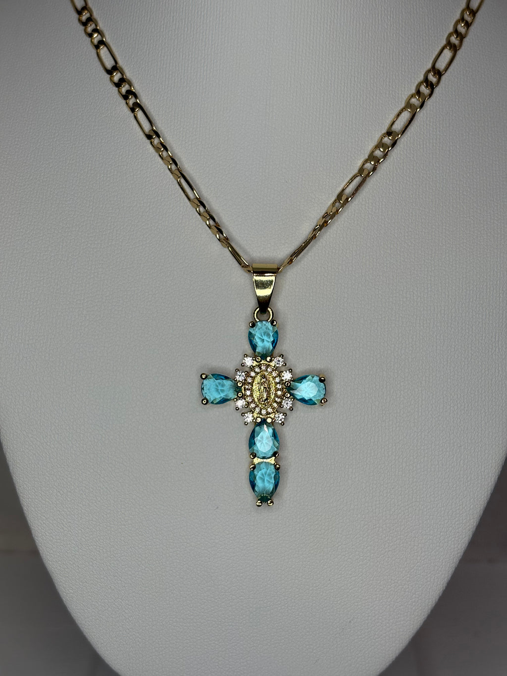 Blue Crystal Virgin of Guadalupe Cross Necklace
