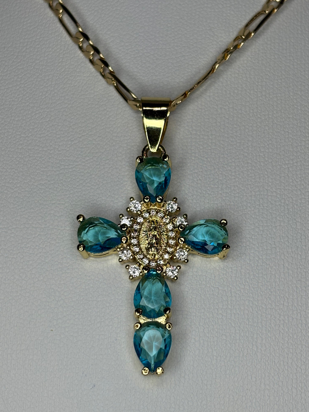 Blue Crystal Virgin of Guadalupe Cross Necklace