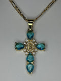 Blue Crystal Virgin of Guadalupe Cross Necklace