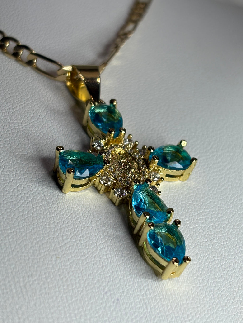 Blue Crystal Virgin of Guadalupe Cross Necklace